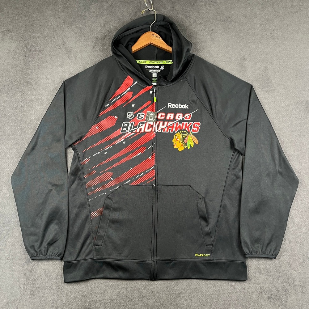 Chicago Blackhawks Reebok Hoodie Mens XL Black Full Zip Center Ice PlayDry NHL